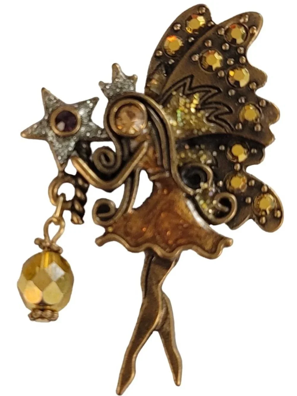 Gold Rhinestone Enamel Star Wand Dangle Fairy Brooch Pin K929